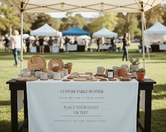 Personalized Table Runner with Logo, Custom Linen Table Banner, Vendor Booth Decor, Market Display Cloth, Trade Show Table Sign