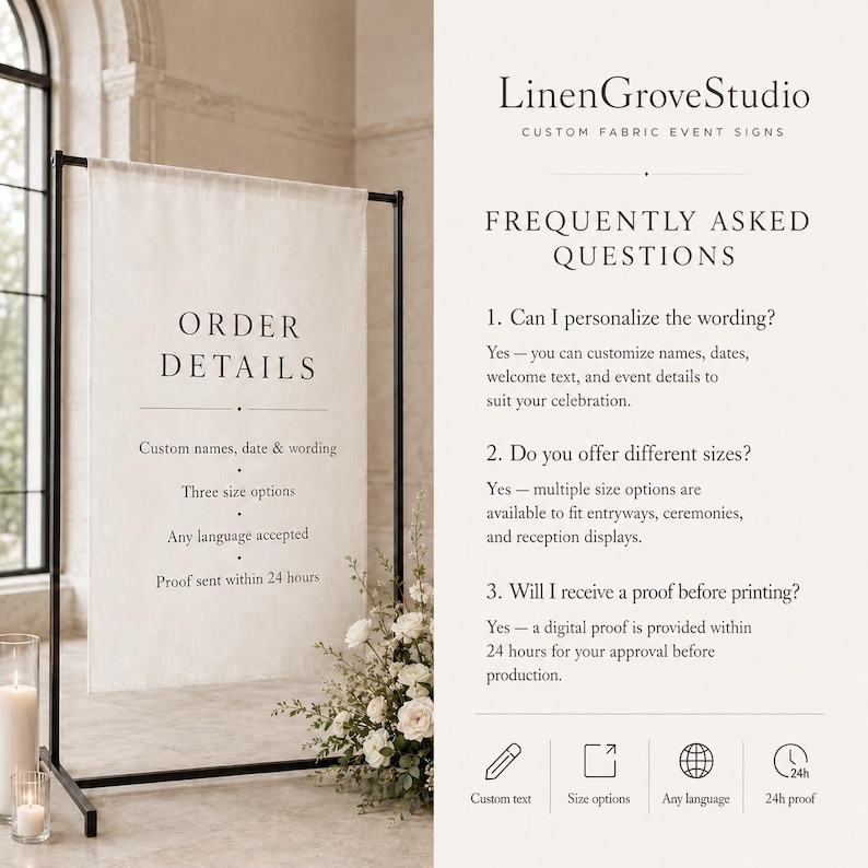May include: A vertical off-white fabric sign hanging from a black metal stand. The sign features black text reading ORDER DETAILS, Custom names, date & wording, Three size options, Any language accepted, and Proof sent within 24 hours.