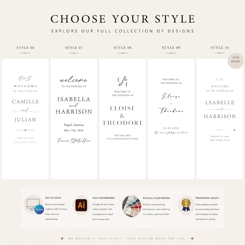 May include: A digital display showing five wedding sign templates labeled Style 06 through Style 10, featuring customizable text layouts with names, dates, and locations. Below, four circular icons highlight features: Canva editing, customization, full-color printing, and professional quality.