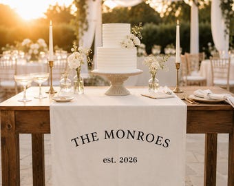 Personalized Linen Wedding Table Sign, Custom Last Name Banner for Sweetheart Table, Bridal Dinner Decor, Fabric Bar Sign, Anniversary Gift