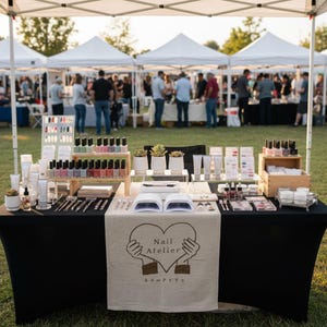 Könnte beinhalten: Ein Marktstand im Freien mit Nagelkunstprodukten. Der Tisch zeigt Nagellack, Maniküre-Werkzeuge und Hautpflegeprodukte. Ein Leinenläufer mit "Nail Atelier" und japanischem Text schmückt den Tisch. Weiße Zelte und Menschen sind im Hintergrund zu sehen.