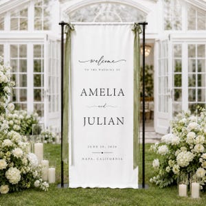 Fabric Wedding Welcome Sign, Personalized Linen Wedding Banner, Custom Name Date Ceremony Sign, Modern Boho Reception Backdrop image 3