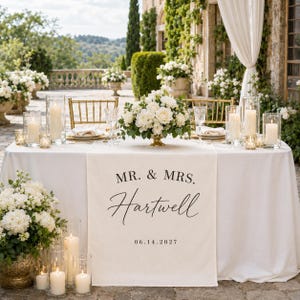 Personalized Linen Wedding Table Runner, Custom Last Name Banner, Sweetheart Table Decor, Anniversary Keepsake