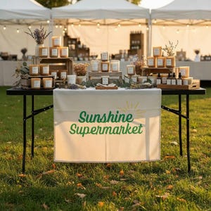 May include: An outdoor market display featuring candles, essential oils, and soaps. The table is draped with a white cloth displaying the text "Sunshine Supermarket" in green. The products are arranged on wooden crates and trays, with decorative lavender and greenery.
