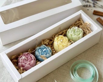 Juego de velas con diseño de peonía, velas florales en tonos pastel, regalo para ella, caja de regalo con velas artesanales de diseño estético, regalo para el Día de la Madre o para una despedida de soltera.