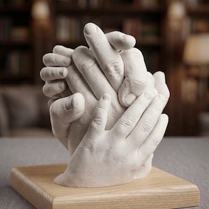 May include: A white plaster sculpture of clasped hands, mounted on a light-colored wooden base. The hands are intricately detailed, capturing the texture of skin and the gentle curve of fingers. The sculpture is a symbol of connection and love.
