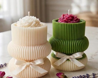 Handmade Candle, Natural Soy Wax, Decor, handcrafted peony-shaped candle on a fluted base