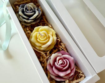 Rose Flower Candle Set, Pastel Floral Candles, Gift for Her, Aesthetic Handmade Candle Gift Box, Mothers Day, Bridal Shower Gift