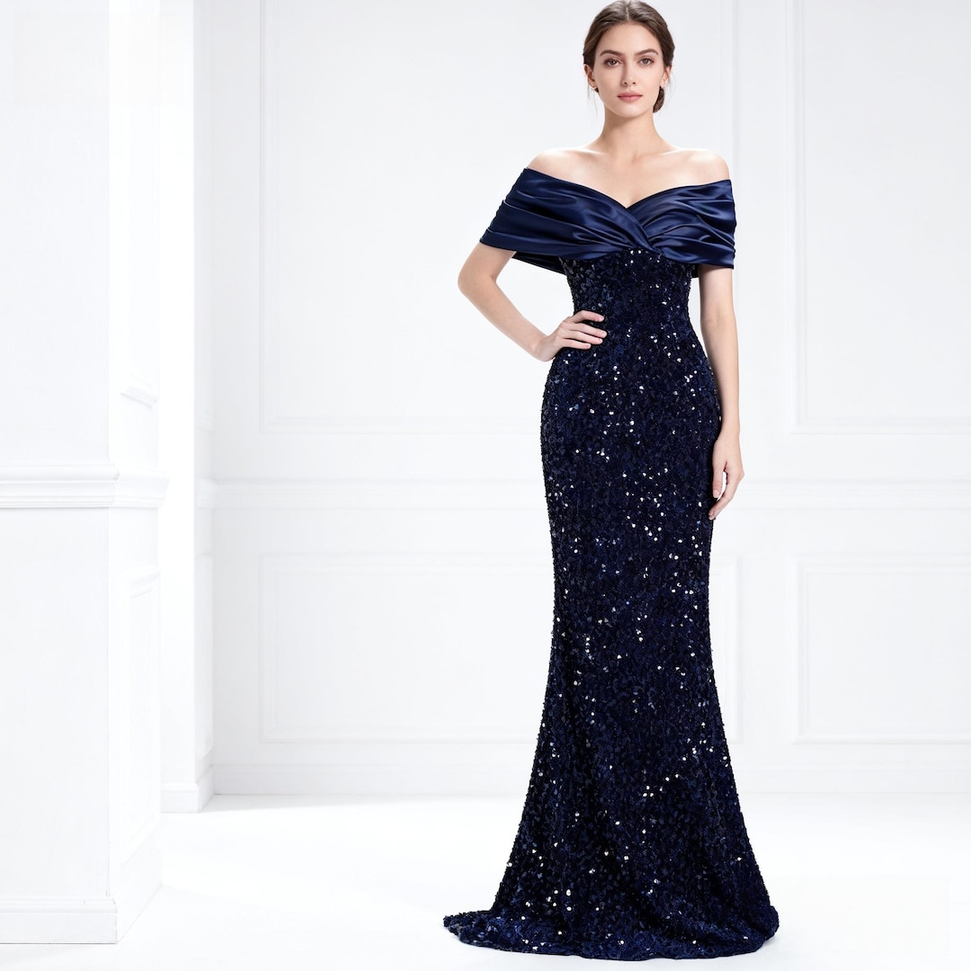 Navy Blue off Shoulder Sequin Mermaid Maxi Dress - Elegant Formal ...