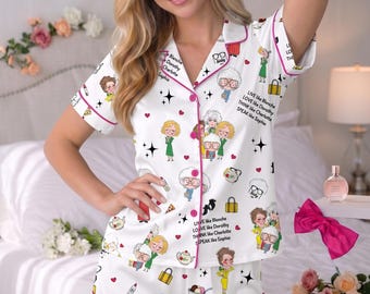 Golden G1rs Satin Pajama Set, Classic TV Show Short Sleeve PJs, Women's Button Down Sleepwear, Retro Loungewear Gift