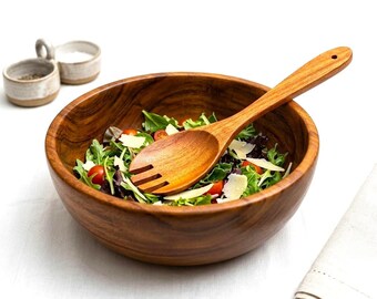 Handgemaakte Houten Spork Saladelepel | Rustiek keukengerei, milieuvriendelijk serveergereedschap