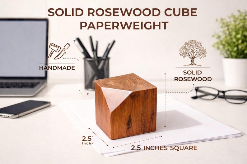 May include: A handmade solid rosewood cube paperweight, 2.5 inches square. The cube has a geometric design with a lighter wood accent on one side. The text on the image reads "Solid Rosewood Cube Paperweight".