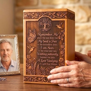 May include: A rectangular wooden cremation urn featuring intricate carvings of a tree, butterflies, hummingbirds, and floral patterns. The centre panel displays the text: Remember Me when the sun does rise, My Soul is free in the boundless skies.