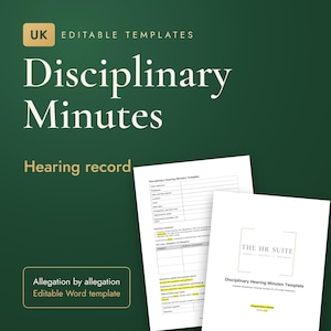 Puede incluir: Una plantilla editable de actas de audiencia disciplinaria para pequeños empleadores del Reino Unido. El documento presenta un diseño estructurado con campos para fecha, empleado, ubicación y presidente, junto con una tabla para las acusaciones.