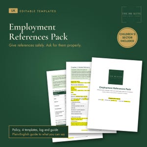 Op de afbeelding: Een Employment References Pack documentenset met bewerkbare sjablonen op wit papier. De voorpagina toont de tekst Employment References Pack en het logo van The HR Suite. Aanvullende pagina's tonen richtlijnen, tabellen en invulvelden.