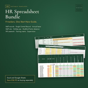 May include: An HR Spreadsheet Bundle featuring 9 editable templates for Excel and Google Sheets. The text includes HR Spreadsheet Bundle, 9 trackers, One Start Here Guide, and lists staff records, annual leave, and training matrix.