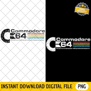 Può includere: Un design di file digitale con il logo Commodore C64 in bianco e nero. Il logo include il testo "Commodore C64" con un design a strisce arcobaleno retrò. È incluso anche il testo "the pureural computer with professional power".