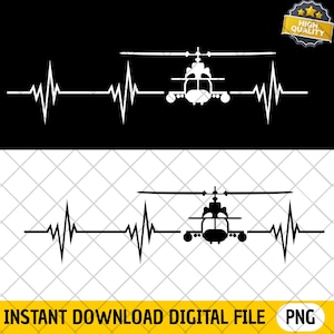 Puede incluir: Diseño digital en blanco y negro que presenta la silueta de un helicóptero integrada en una línea de latido cardíaco. El diseño se repite sobre un fondo negro y transparente. El texto "INSTANT DOWNLOAD DIGITAL FILE PNG" está en la parte inferior.