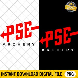 Może przedstawiać: Czerwone i białe logo dla PSE Archery. Logo zawiera litery "PSE" w pogrubionej, stylizowanej czcionce, z motywem strzały. Słowo "ARCHERY" znajduje się poniżej. Tło jest podzielone, z białym po lewej i czarnym po prawej.