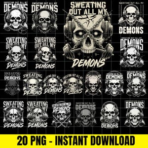 Może przedstawiać: Kolekcja czarno-białych grafik czaszek ze słuchawkami i sztangami. Tekst "SWEATING OUT ALL MY DEMONS" jest wyświetlany nad i pod obrazami czaszek. Na dole obrazu widnieje napis "20 PNG - INSTANT DOWNLOAD".