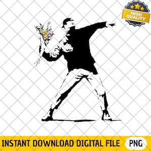 Może przedstawiać: Czarno-biała grafika cyfrowa przedstawiająca postać rzucającą bukiet kwiatów. Postać ma na sobie czapkę i szalik. Tekst "INSTANT DOWNLOAD DIGITAL FILE" znajduje się na dole.