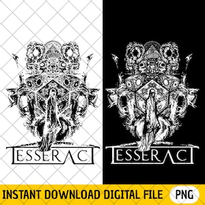 Könnte beinhalten: Schwarz-weißes digitales Design mit einer detaillierten, gotischen Illustration. Das Kunstwerk zeigt eine zentrale Figur, geometrische Formen und das Wort "TESSERAC" darunter. Das Bild ist geteilt, eine Seite weiß und die andere schwarz.