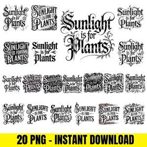 Puede incluir: Un conjunto de 20 gráficos PNG en blanco y negro con la frase "Sunlight is for Plants" en varias fuentes decorativas. Los textos están rodeados de diseños florales y ornamentales. La parte inferior de la imagen muestra "20 PNG - INSTANT DOWNLOAD" en amarillo.