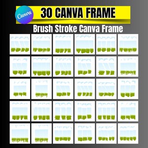 Op de afbeelding: Een afbeelding met 30 Canva-frames met een penseelstrekenontwerp. Elk frame heeft een witte achtergrond met een illustratie van een blauwe lucht en groen gras. De bovenste banner luidt "30 CANVA FRAME".