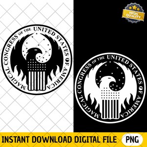 Puede incluir: Un diseño digital en blanco y negro con un águila estilizada con las alas extendidas, la bandera estadounidense y el texto "MAGICAL CONGRESS OF THE UNITED STATES OF AMERICA". El diseño está disponible como descarga digital instantánea.