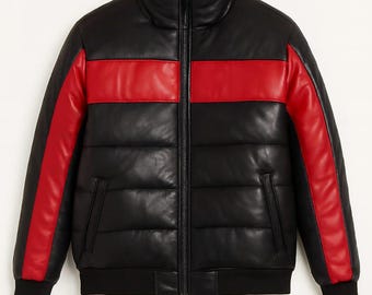 Men's Black Red Leather Puffer Jacket, Quilted Bomber Tracksuit Sty