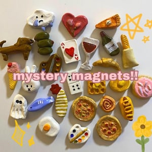 May include: A selection of handmade magnets in diverse shapes and colours, featuring food items like pizza and croissants, alongside whimsical designs such as a cloud, heart, and ghost. The text "mystery magnets!!" is visible.