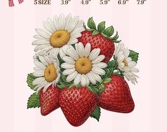 Strawberry Daisy Embroidery Design, Cute Floral Fruit Machine Embroidery File, Cottagecore Summer Berry Design