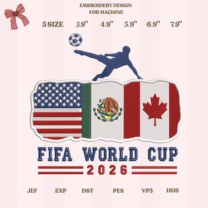 Motif de broderie de la coupe du monde de football 2026, patch drapeaux de joueur de football, USA Mexique Canada, fichier de broderie Machine