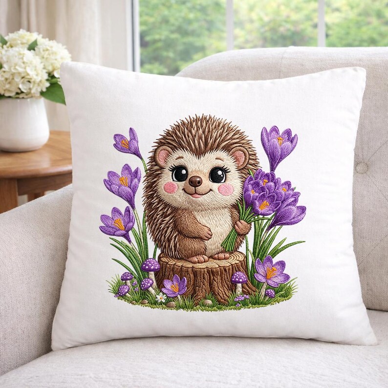 May include: White square cushion featuring an embroidered design of a charming hedgehog clutching purple flowers. The hedgehog is brown with pink cheeks, sitting on a tree stump surrounded by purple crocuses and mushrooms. The cushion is on a white sofa.