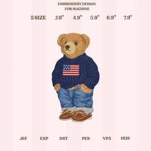Diseño de bordado de osito de peluche, oso patriótico con suéter de bandera, lindo osito niño bordado a máquina