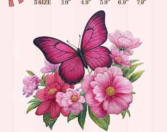 Pink Butterfly Embroidery Design, Floral Butterfly Machine Embroidery Pattern, Spring Flower Digital File