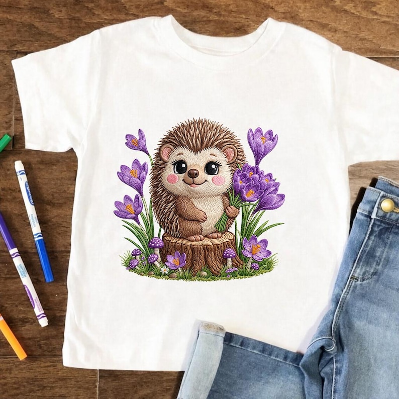 May include: White t-shirt with a cartoon hedgehog holding purple flowers, sat on a tree stump. The hedgehog has brown fur and a cute expression. Purple crocus flowers and mushrooms surround the hedgehog.