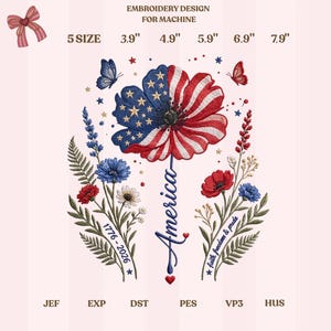 America Floral Embroidery Design, Patriotic Wildflower Bouquet, America Script 1776-2026 Embroidery File