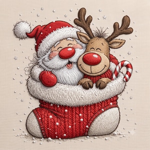 May include: An embroidered illustration of Santa Claus and a reindeer inside a large red and white knit Christmas stocking. Santa wears a red hat with a white pom-pom, and the reindeer has brown antlers. A red and white candy cane is visible.