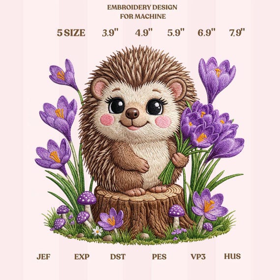 Cute Hedgehog Embroidery Design, Purple Crocus Flower Animal Machine Embroidery File, Woodland Nursery PES DST