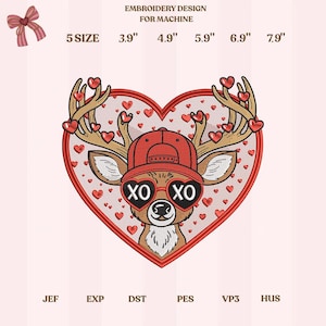 Valentine Deer Embroidery Design, Love Heart XO Reindeer, Romantic Machine Embroidery File