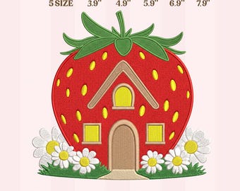 Strawberry House Embroidery Design, Cute Berry Cottage Machine Embroidery File, Daisy Garden Fruit Pattern