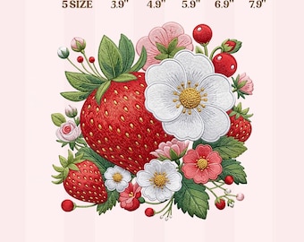 Floral Strawberry Embroidery Design, Elegant Berry Bouquet Machine Embroidery File, Cottagecore Fruit Flowers