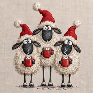 May include: An embroidery design featuring three sheep with black faces and cream-colored wool, each wearing a red Santa hat with a white pom-pom. Each sheep holds a red mug filled with a hot beverage topped with white marshmallows and steam.