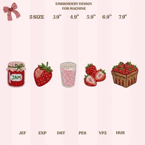 Puede incluir: Diseño de bordado para máquina con motivos de fresas. Los diseños incluyen un tarro de mermelada, una fresa entera, una bebida rosa, fresas en rodajas y una cesta de fresas. Tamaños de 9.9 cm a 20.1 cm.