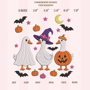 Halloween Goose Embroidery Design, Three Cute Geese in Ghost Witch and Pumpkin Costumes, Spooky Machine Embroidery Digital Download