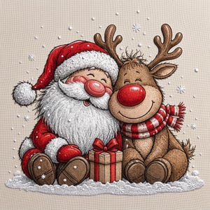 May include: An embroidered illustration of Santa Claus and a reindeer sitting together in the snow. Santa wears a red hat and coat with white trim. The reindeer has a red nose and a red and white striped scarf. A gift box sits between them.