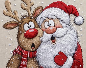 May include: An embroidery design on light beige fabric featuring a brown reindeer with a red nose and a red striped scarf standing next to Santa Claus, who wears a red hat and coat with white fur trim, both surrounded by white embroidered snowflakes.