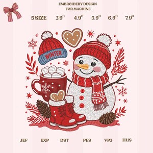 Snowman Embroidery Design, Winter Cocoa Christmas Scene, Cute Snowman Machine Embroidery File