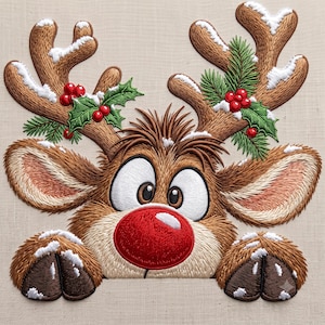May include: An embroidered patch featuring a brown reindeer with a large red nose, wide eyes, and two hooves visible at the bottom. The reindeer has antlers decorated with green holly leaves, red berries, and patches of white snow.